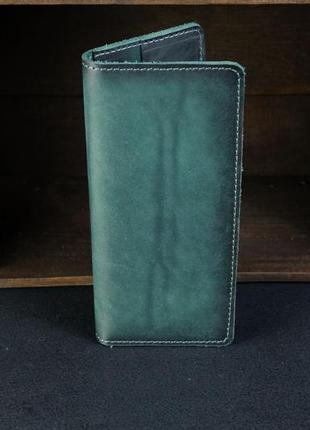 Мужской кожаный кошелек лонг на 4 карты, натуральная кожа итальянский краст, цвет зеленый