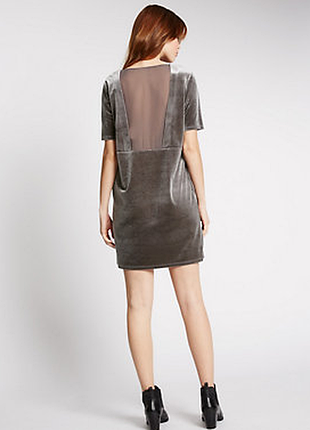 Платье прямого кроя бархатное платье с сетчатыми  вставками короткий рукав