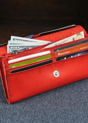 Кожаный кошелек на 12 карт, натуральная кожа итальянский краст, цвет красный3 фото