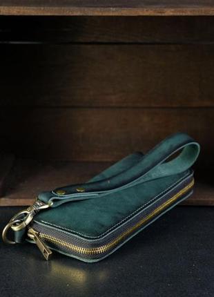 Кожаный кошелек клатч на круговой молнии с ремешком, натуральная кожа итальянский краст, цвет зеленый