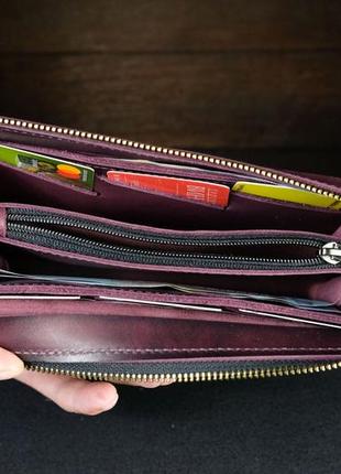 Кожаный кошелек клатч тревел, натуральная кожа итальянский краст, цвет бордо3 фото