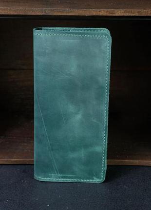 Мужской кожаный кошелек лонг на 12 карт, натуральная винтажная кожа, цвет зеленый