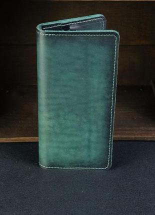 Мужской кожаный кошелек лонг на 8 карт, натуральная кожа итальянский краст, цвет зеленый