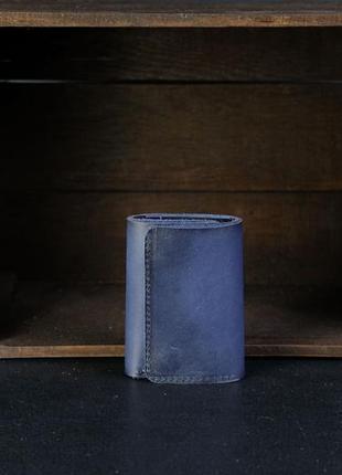 Мужской кожаный кошелек тройного сложения, натуральная кожа итальянский краст, цвет синий