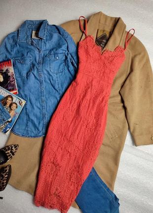 New look платье коралловое розовое по фигуре карандаш футляр миди гипюр кружево на бретельках2 фото