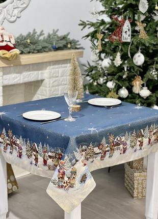 Скатертина на новорічний стіл "колядники" 160 х 250 см., гобелен, золотий люрекс