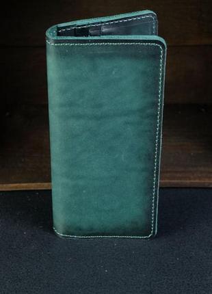 Женский кожаный кошелек клатч лонг на 12 карт, натуральная кожа итальянский краст, цвет зеленый