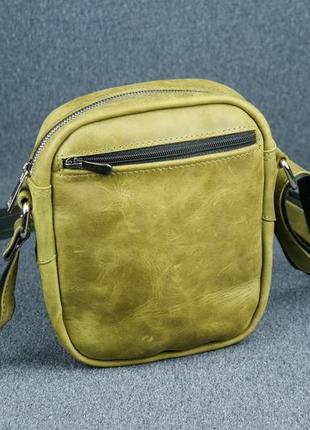 Кожаная мужская сумка джек, натуральная винтажная кожа цвет оливковый5 фото