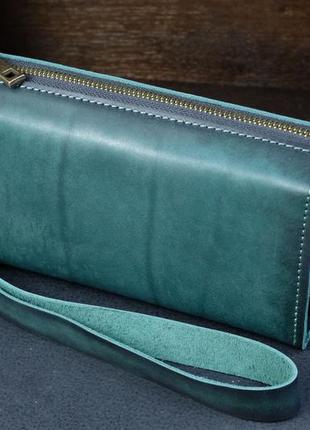 Мужской кожаный кошелек тревел, с ремешком, натуральная кожа итальянский краст, цвет зеленый