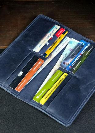 Мужской кожаный кошелек лонг на 12 карт, натуральная винтажная кожа, цвет синий4 фото