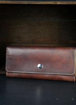 Кожаный кошелек на 12 карт, натуральная кожа итальянский краст, цвет коричневий, оттенок вишня