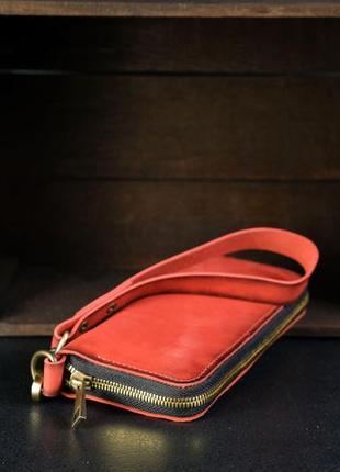 Кожаный кошелек клатч на круговой молнии с ремешком, натуральная кожа итальянский краст, цвет красный