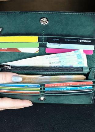 Кожаный кошелек на 12 карт, натуральная кожа итальянский краст, цвет зеленый3 фото