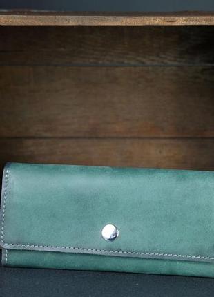 Кожаный кошелек на 12 карт, натуральная кожа итальянский краст, цвет зеленый1 фото
