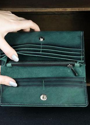 Кожаный кошелек на 12 карт, натуральная кожа итальянский краст, цвет зеленый4 фото