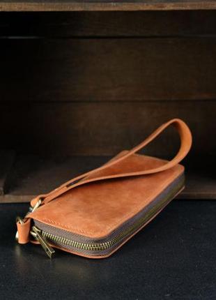 Кожаный кошелек клатч на круговой молнии с ремешком, натуральная винтажная кожа, цвет коньяк