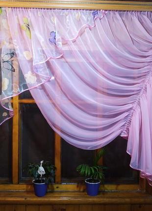 Кухонная готовая занавеска эрика розовая  бабочка правая