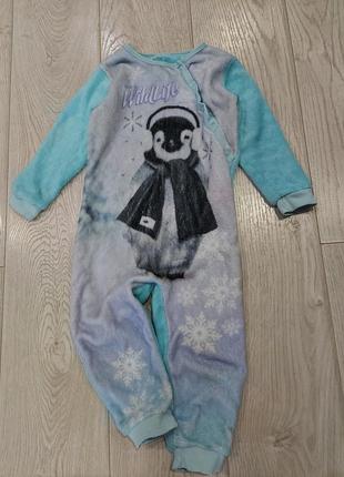 Комбинезон на травке, пижама флисовая george с пингвиненком бирюзовый 3-4 года