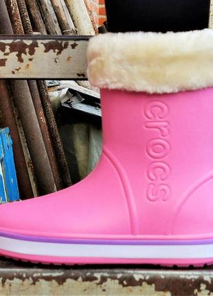 Женские резиновые чоботы розовые жіночі гумові напівчоботи crocs рожеві чоботи крокси теплі зимові