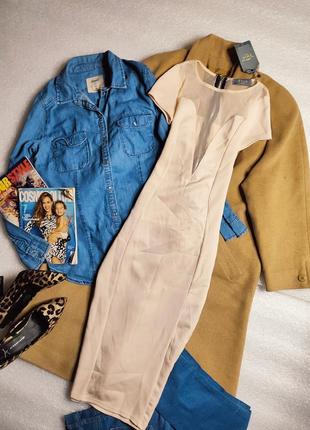 Figa платье бежевое розовое по фигуре карандаш футляр миди с вырезом сеточка новое