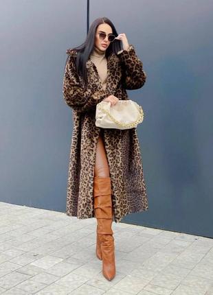 Женская стильная тёплая длинная шуба с эко меха и поясом в леопардовом принте 42-46 универсал