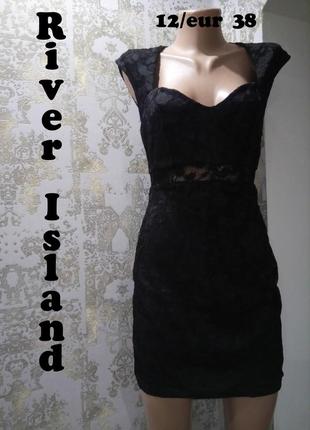 12/eur 38 приталенное кружевное чёрное платье с молнией на спинке river island1 фото