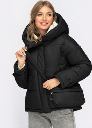 Зимова жіноча куртка пуховик з капюшоном та сумкою в комплекті. розміри 44 46 48 502 фото