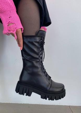 Женские зимние массивные высокие кожаные сапоги со шнуровкой натуральная кожа с теплым толстым мехом ботинки берцы черные на молнии гранж панк10 фото