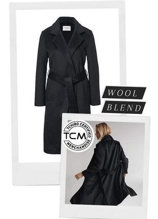 Идеальное базовое черное полушерстяное пальто халат миди tchibo на запах под пояс шерстяное шерсть германия качество1 фото