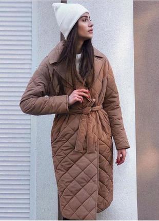 До -15°зима! пальто куртка стёганое длинное с поясом теплое молоко бежевое песочное чёрное кэмел коричневое карамель пудра