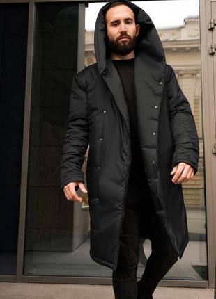 Мужская теплая зимняя куртка с капюшоном пуховик на кнопках длинная черная пальто