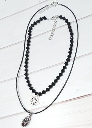 Набір прикрас кулон намисто чокер з аметистом аметист кришталеві чорні намистини та пентаграма