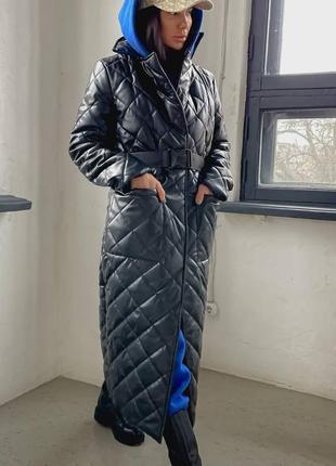Есть видео!! куртка пальто кожа стёганое длинное теплое зима осень с поясом прямое чёрное бежевое песочное мокко1 фото