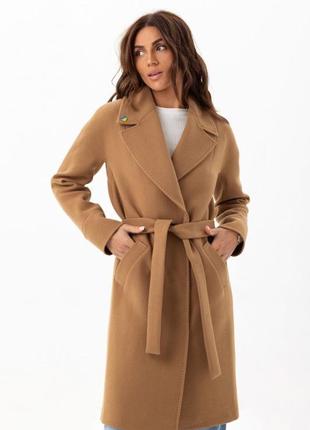 Пальто женское средней длины, демисезонное, однотонное, кэмел коричневое, шерстяное, классическое4 фото