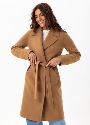 Пальто женское средней длины, демисезонное, однотонное, кэмел коричневое, шерстяное, классическое6 фото
