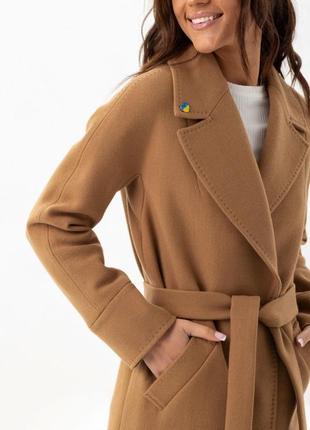 Пальто женское средней длины, демисезонное, однотонное, кэмел коричневое, шерстяное, классическое3 фото