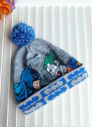 Серая синяя  шапка с принтом бэтмен джокер на мальчика 1,5-2,5года.