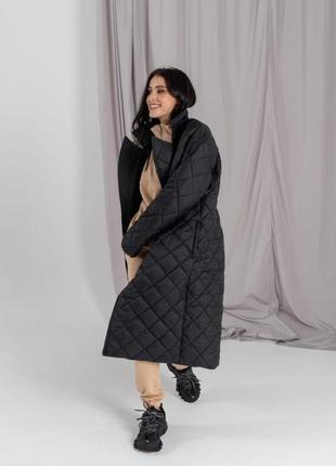 Зима!! куртка пуховик пальто стеганое длинное с поясом черное двухсторонняя2 фото