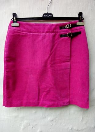 Красивая крутая модная малиновая вельветоя юбка с кожиными элементами,запах,кэжуал.