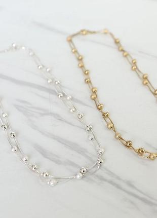 Колье цепь с бусинами глянец мат золотистое длинное