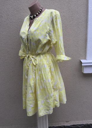 Желтое,пышное платье-рубаха-халат под пояс,карманы,деревенский,этно стиль,хлопок,4 фото