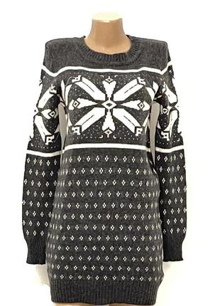 Туніка жіноча джемпер шерсть светр подовжений зимовий новорічний орнаментпрямий теплий однотонний зима