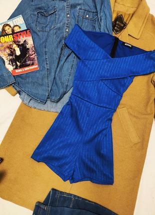Ромпер комбинезон синий короткий эластичный с открытыми плечами missguided