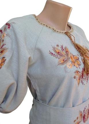 Платье женское натуральный лен вышиванка с поясом коричневая вышивка р.42 - 602 фото