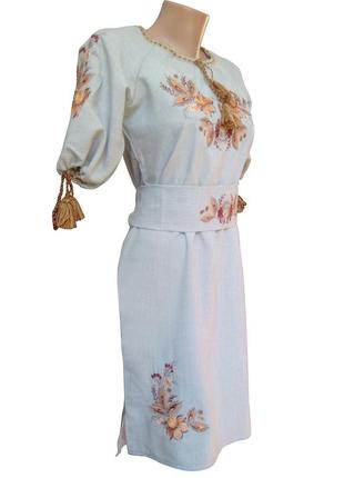 Платье женское натуральный лен вышиванка с поясом коричневая вышивка р.42 - 60