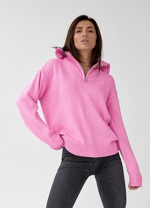 Однотонный вязаный свитер кофта с воротником на молнии