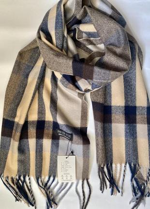 Шарф кашеміровий клітинка бежево-синій