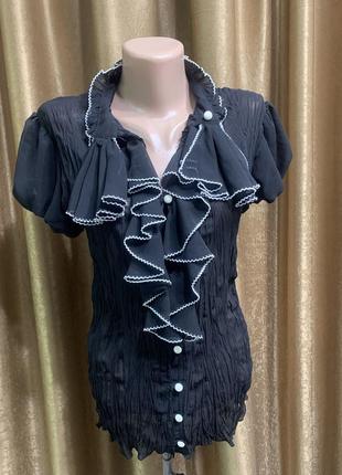 Трендовая чёрная шёлковая блузка волан xanaka с пышным рукавом фонарик размер s/m/ l3 фото