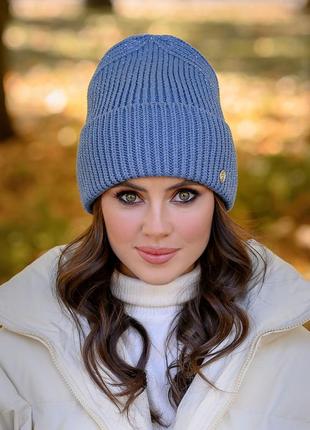 Женская теплая зимняя вязаная шапка с отворотом «тина»