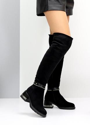 Чорні жіночі замшеві зимові високі чоботи ботфорти низький підбор7 фото